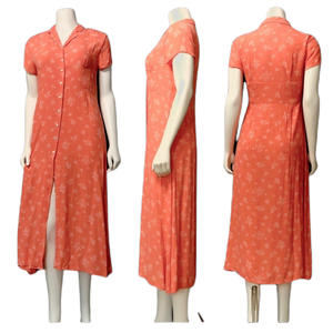 Vintage Eddie Bauer Flower Print Peach Coral Button Down Midi Summer Dress